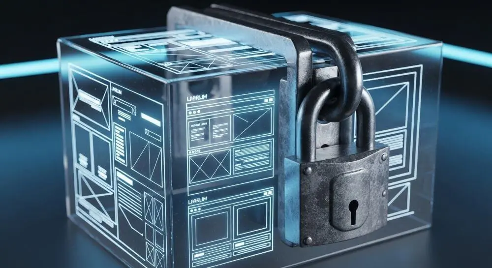 Candado bloqueando una estructura web de cristal, ilustrando el riesgo corporativo de no poseer el código de su propia página.