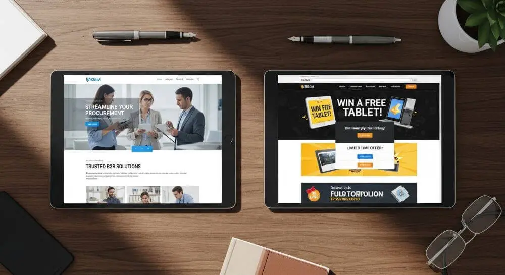 Dos pantallas mostrando la diferencia de credibilidad entre un diseño corporativo limpio y un sitio saturado de publicidad de terceros.