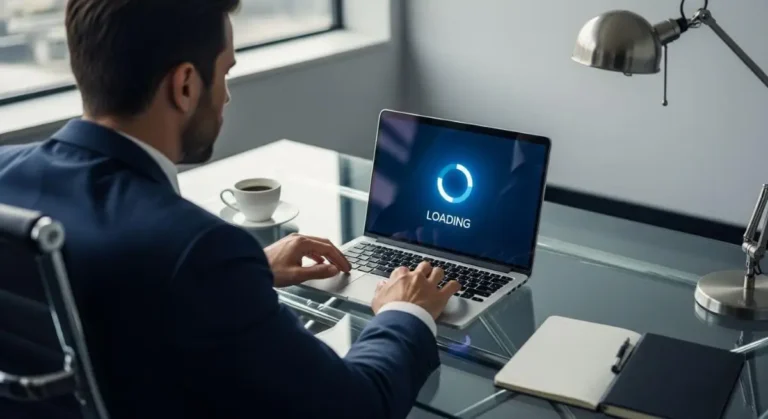 Hombre de negocios frustrado ante una pantalla de carga lenta, señal clara de cuándo rediseñar su sitio web.