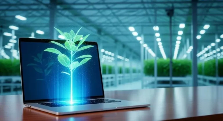 Laptop proyectando una planta holográfica, representando la digitalización avanzada de las ventas en el sector agrícola.