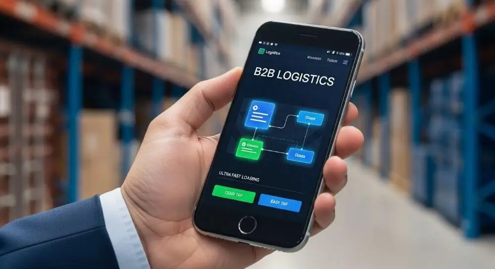 Interfaz corporativa de logística cargando rápidamente en un teléfono móvil, destacando la importancia del diseño adaptable.