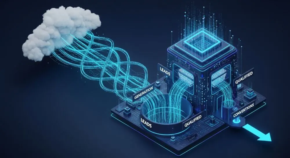 Embudo 3D procesando tráfico desde la nube para generar conversiones y clientes calificados.