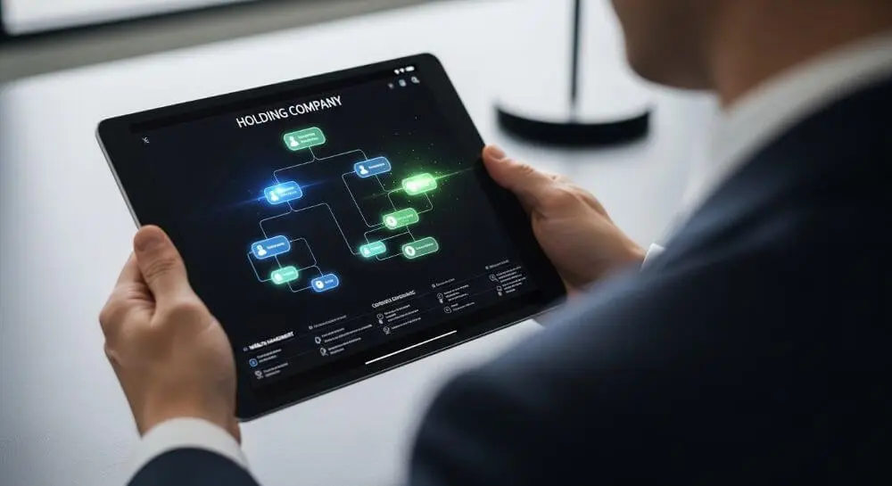 Ejecutivo revisando en su tablet el organigrama digital con la estructura de un holding.
