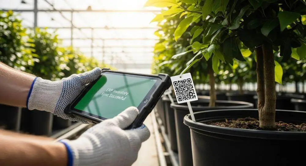 Operario en un invernadero utilizando una tablet para escanear un código QR y sincronizar datos en tiempo real.