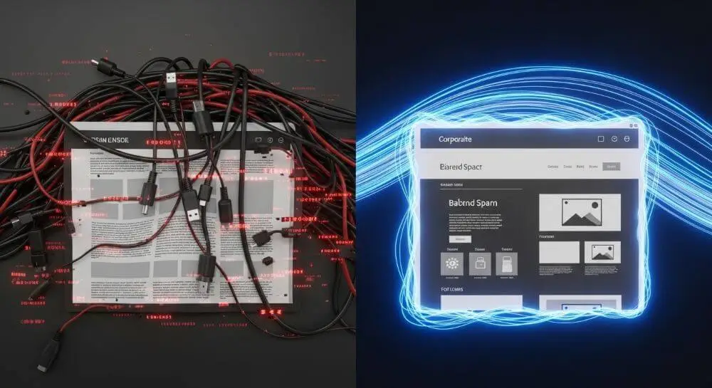 Contraste entre un sistema colapsado por cables enredados y un diseño web profesional estructurado para una carga ultrarrápida, muestra una diferencia clave de las páginas web gratuitas vs profesionales.