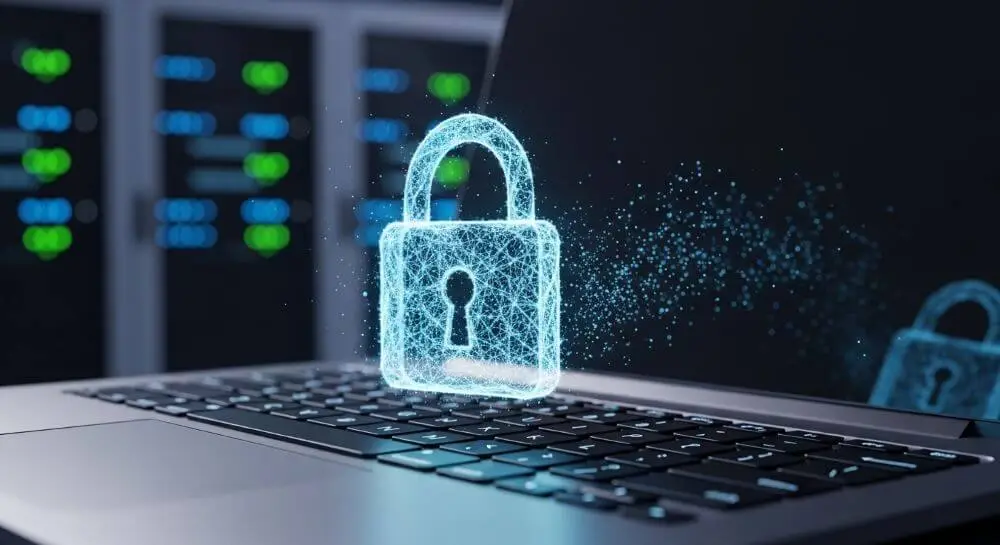 Candado digital holográfico sobre el teclado de una laptop, representando la seguridad cibernética y protección de datos.