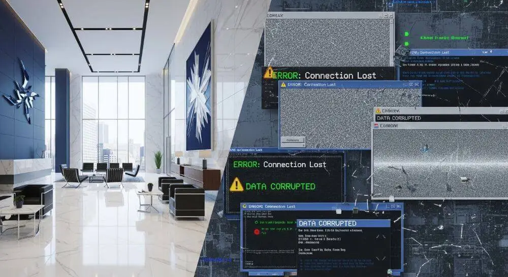Contraste visual entre una prestigiosa oficina física y un sistema informático mostrando errores por obsolescencia digital, un punto clave para considerar cuando rediseñar su sitio web.