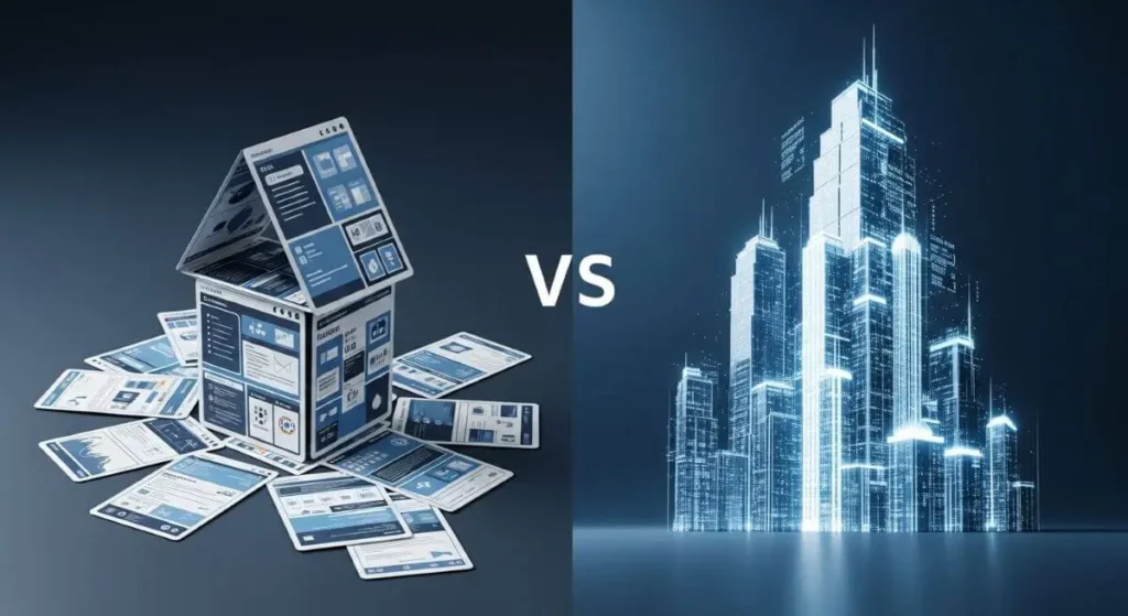 Comparación visual entre páginas web gratuitas como un castillo de naipes y sitios profesionales como un rascacielos sólido.