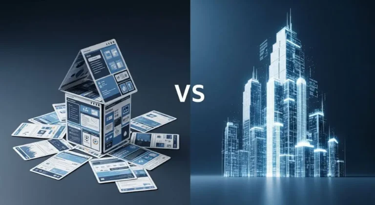 Comparación visual entre páginas web gratuitas como un castillo de naipes y sitios profesionales como un rascacielos sólido.