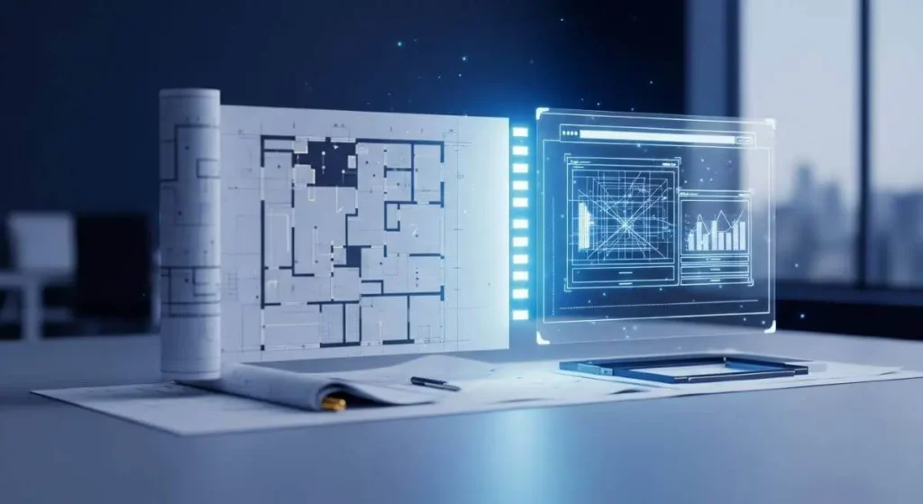 Planos arquitectónicos transformándose en una interfaz digital, ilustrando la planificación de un proyecto web corporativo.