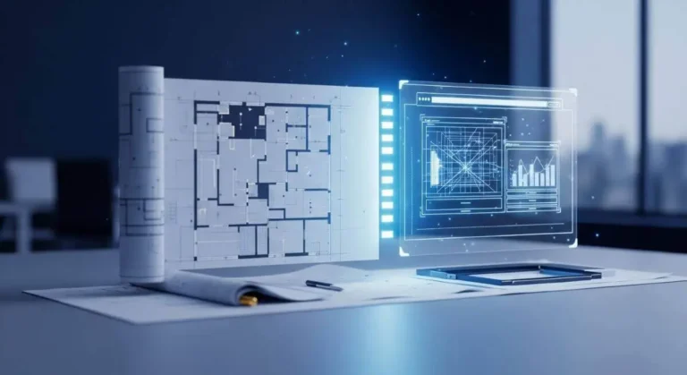 Planos arquitectónicos transformándose en una interfaz digital, ilustrando la planificación de un proyecto web corporativo.