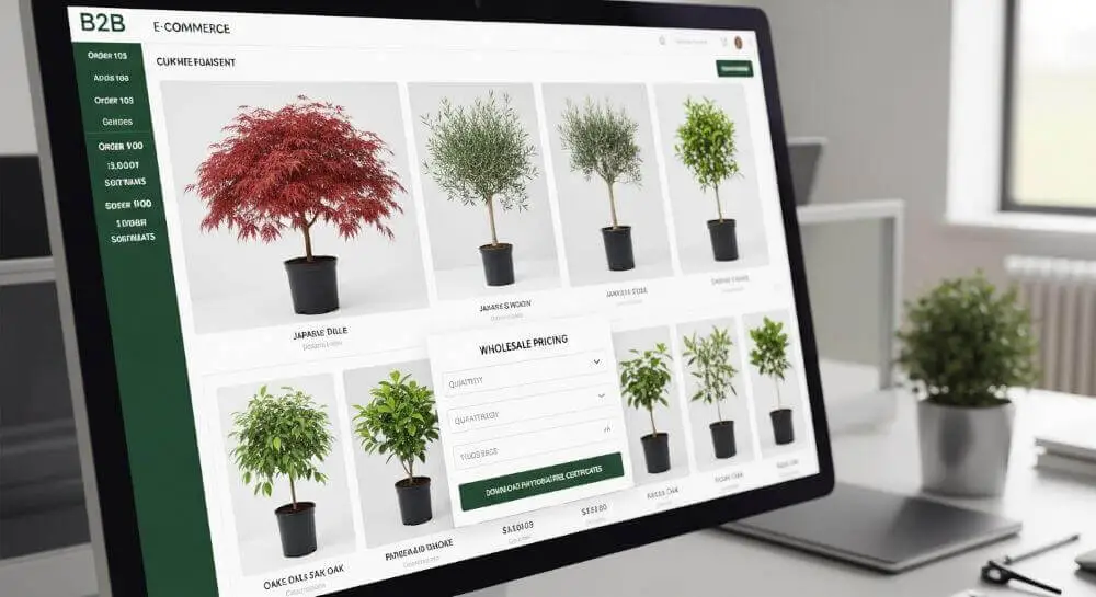 Interfaz de catálogos botánicos B2B mostrando plantas y automatización de precios para compradores institucionales. 