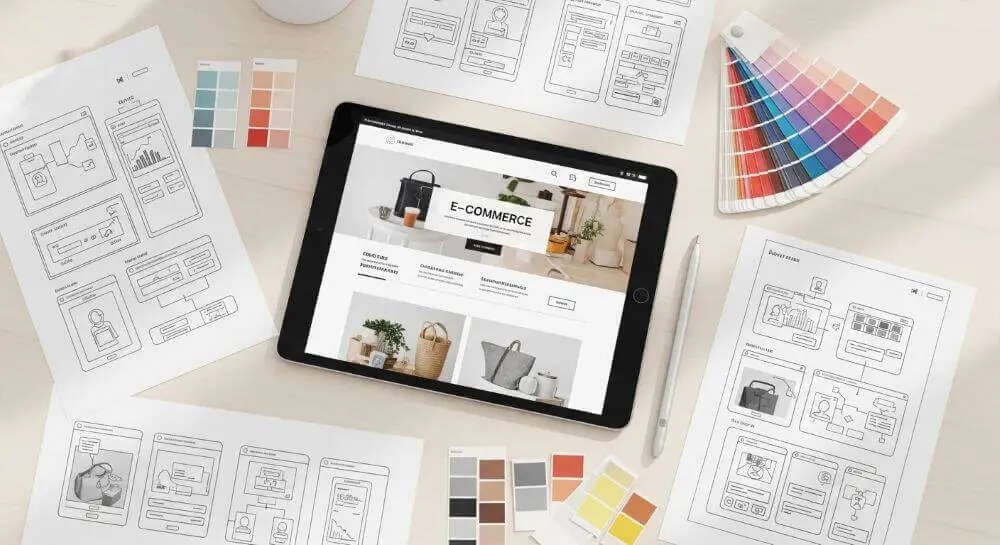 Tablet mostrando el diseño de una tienda en línea junto a bocetos en papel, paletas de colores y esquemas de navegación.