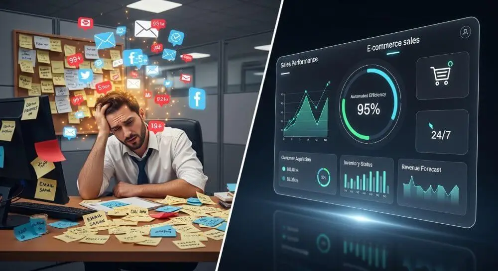 Redes sociales vs sitio web: contraste entre trabajo manual y ventas automatizadas.
