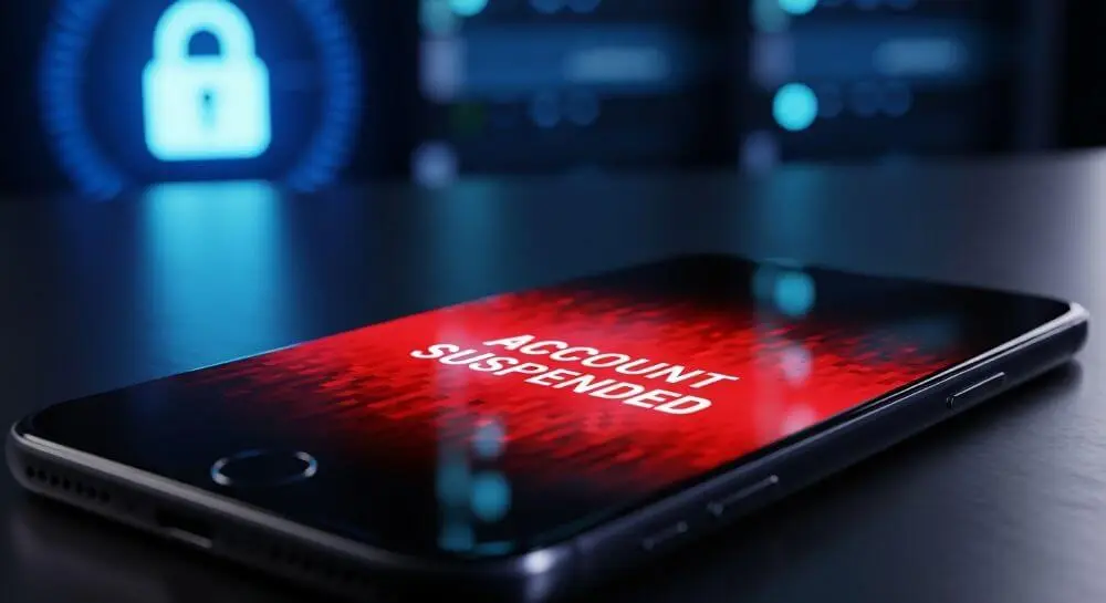 Teléfono mostrando una cuenta suspendida, ilustrando el riesgo de depender de plataformas alquiladas.
