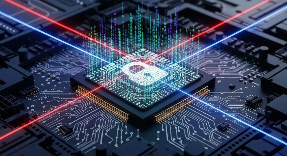 Candado brillante sobre un microprocesador, ilustrando la alta encriptación y protección de datos corporativos.