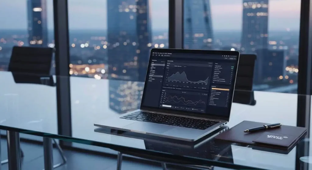 Laptop mostrando gráficos financieros en una lujosa oficina corporativa, reflejando solidez ante inversionistas.