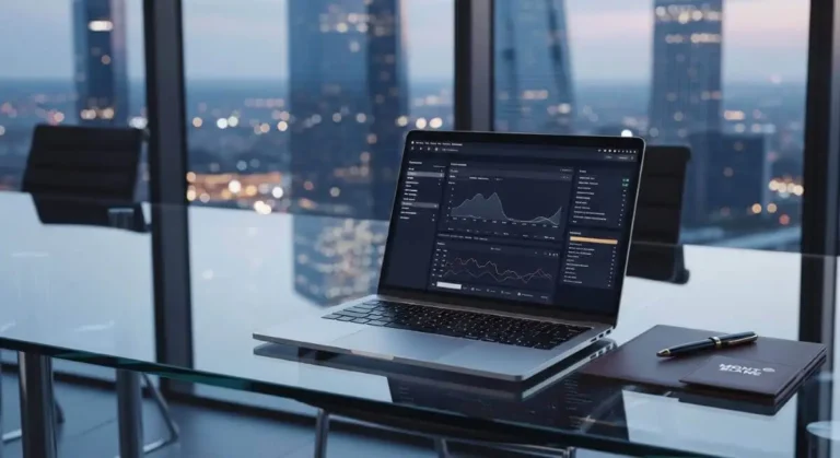 Laptop mostrando gráficos financieros en una lujosa oficina corporativa, reflejando solidez ante inversionistas.