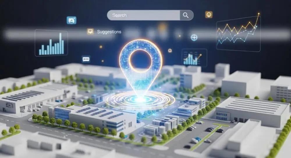 Representación 3D de un mapa urbano con un marcador de ubicación luminoso, ilustrando la visibilidad en resultados locales.
