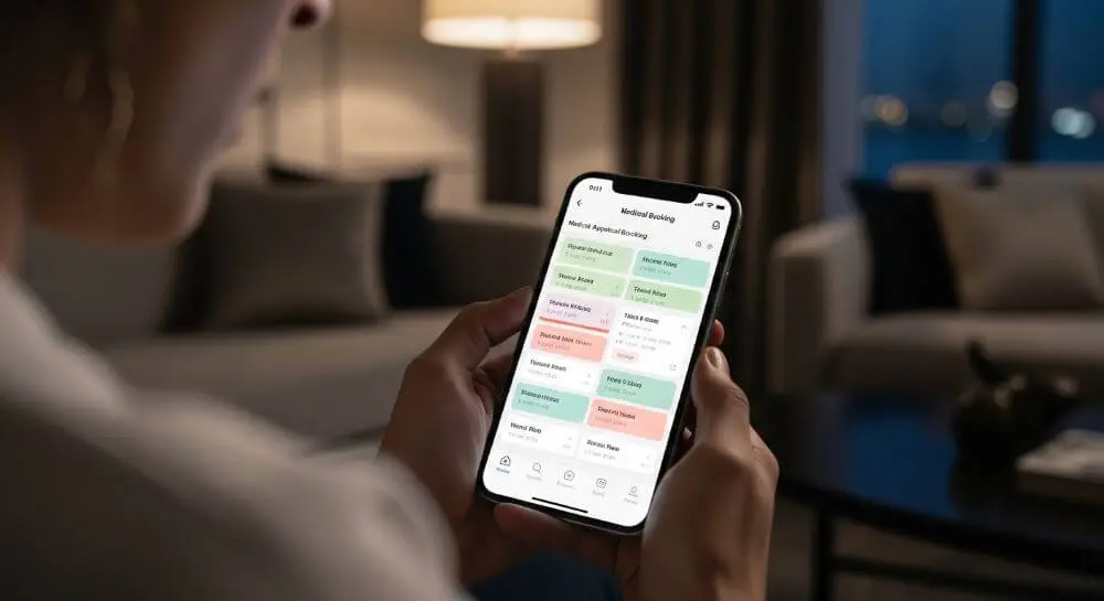 Paciente utilizando su teléfono móvil para agendar una cita médica en línea fácilmente.
