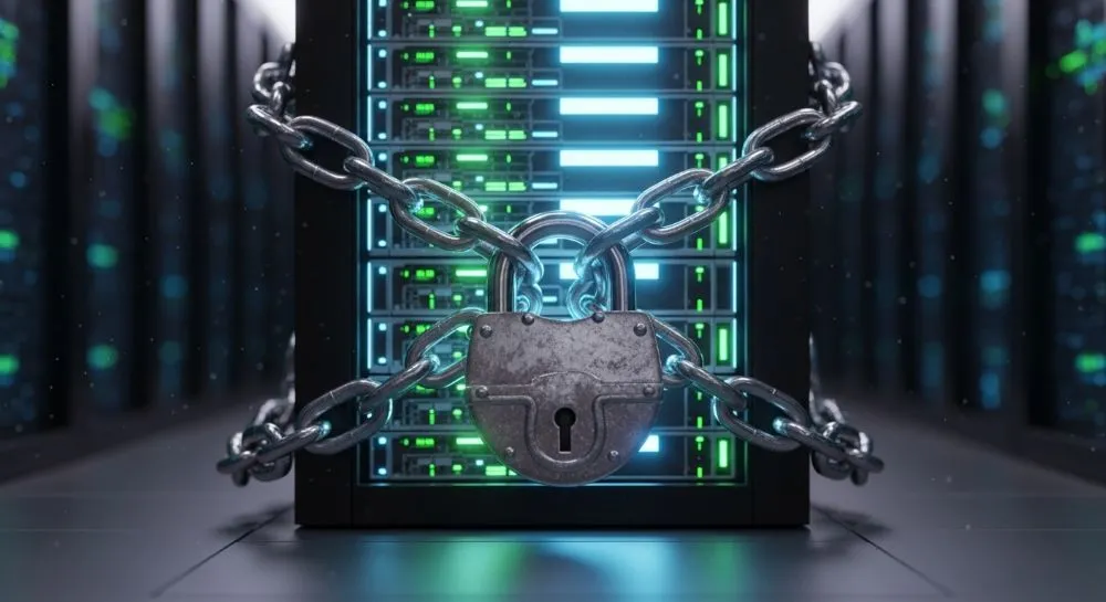 Servidor bloqueado con cadenas y candado, cuestionando quién es el dueño de mi sitio web.