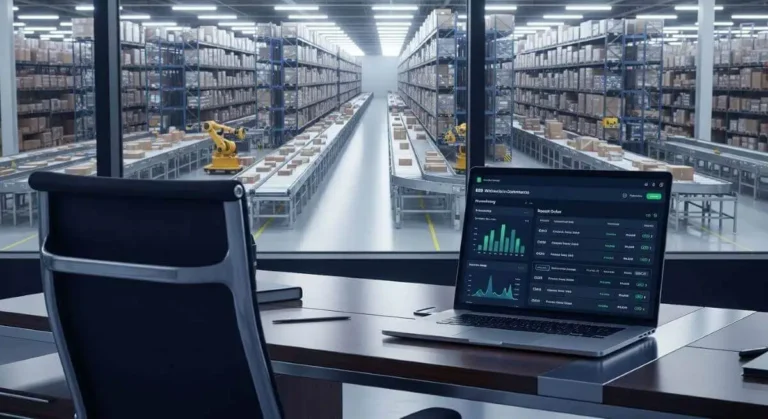 Laptop mostrando un panel de control logístico en una gran bodega de distribución automatizada.