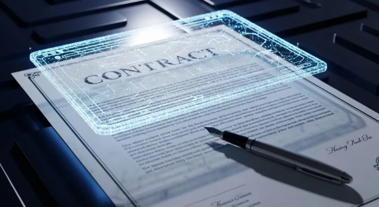 Contrato digital holográfico sobre un documento, representando los acuerdos legales con agencias web.