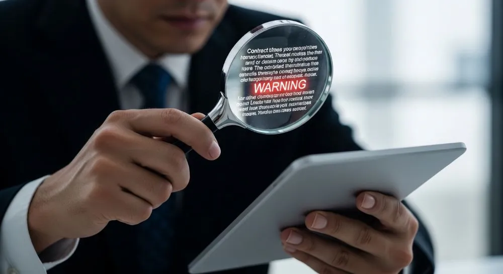 Ejecutivo utilizando una lupa para analizar las cláusulas y penalizaciones ocultas en contratos digitales.