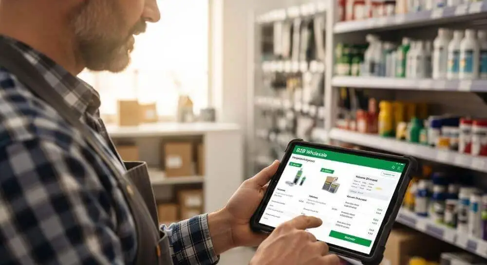 Trabajador de bodega gestionando precios dinámicos desde un portal de pedidos B2B en su tablet.