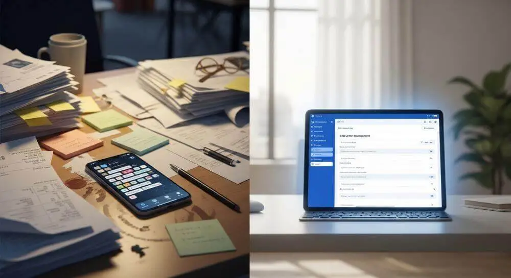 Contraste entre la toma de pedidos caótica con papeles y una solución digital estructurada.