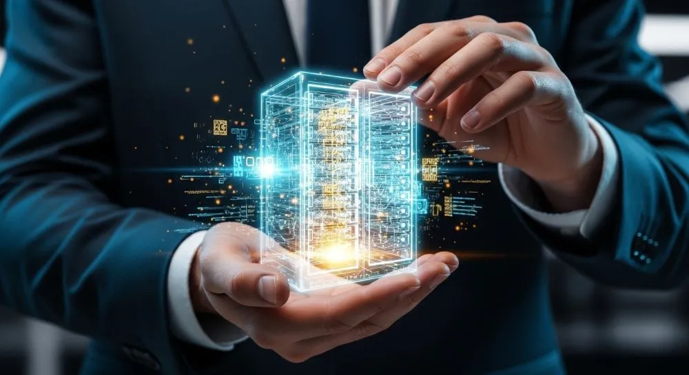 Ejecutivo sosteniendo un servidor holográfico, representando la propiedad absoluta de la infraestructura tecnológica.
