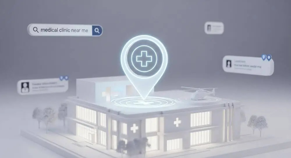 Representación 3D de una clínica destacada en búsquedas locales de servicios médicos cercanos.