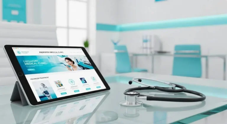 Tablet mostrando el sitio web de una clínica privada junto a un estetoscopio.