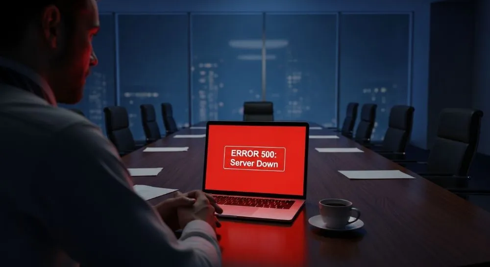 Ejecutivo frente a su laptop mostrando un error 500 por caída del servidor.