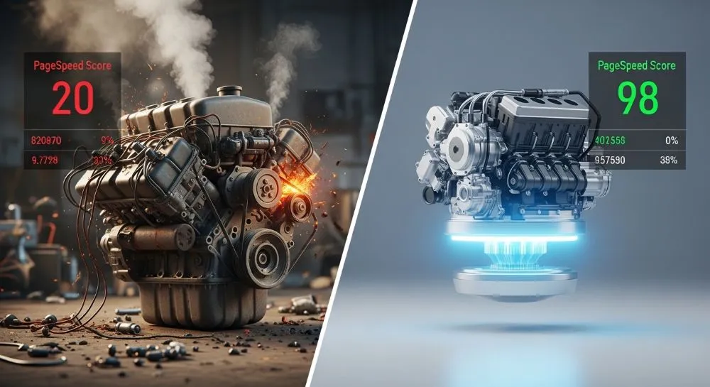 Contraste entre un motor obsoleto y uno moderno, ilustrando un desarrollo web rápido.