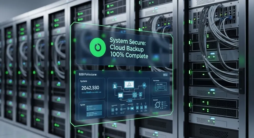 Servidores corporativos realizando copias de seguridad en la nube para garantizar continuidad operativa.