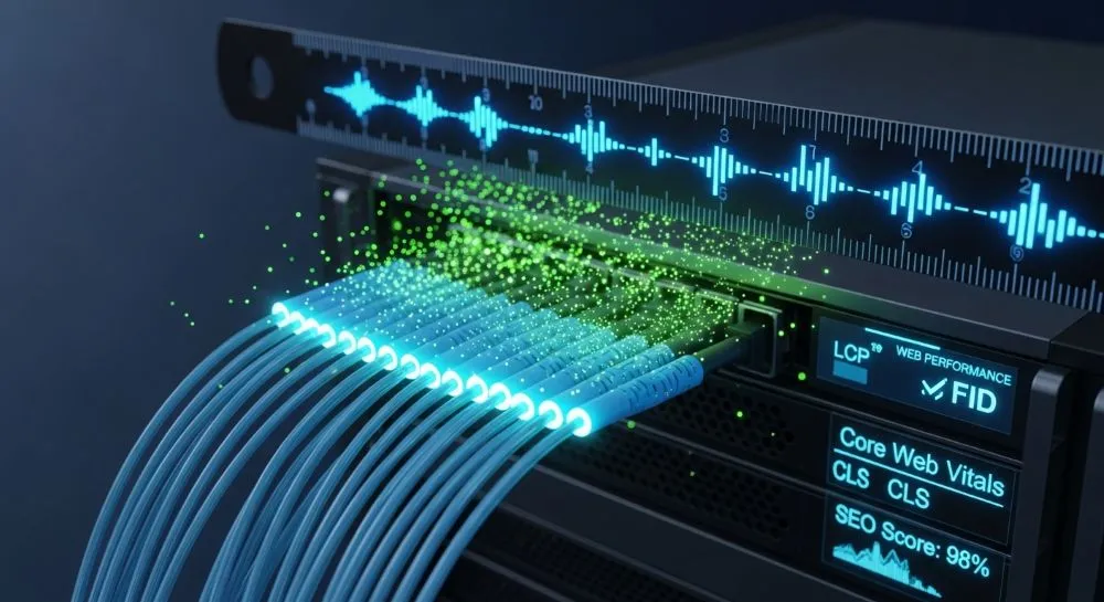 Cables de fibra óptica brillando a alta velocidad, representando la optimización técnica digital.