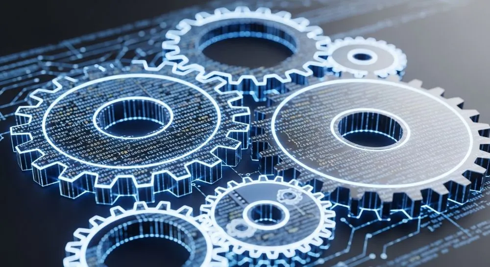 Engranajes digitales mostrando por qué actualizar su sitio web evita la fricción tecnológica.