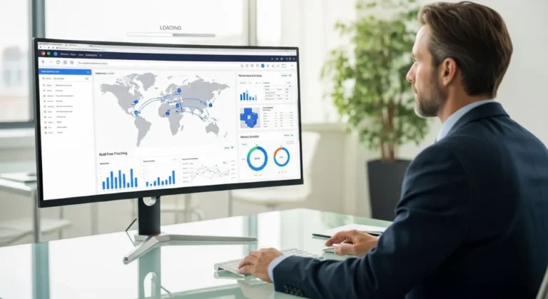 Ejecutivo analizando métricas de rendimiento en un monitor, reflejando el éxito corporativo B2B.