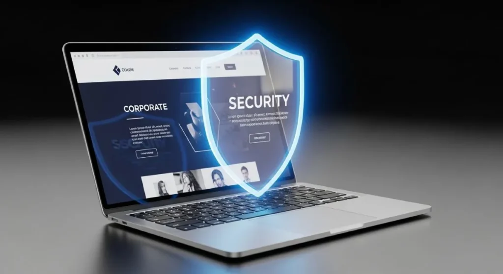 Laptop con un escudo de seguridad brillante, representando el mantenimiento técnico preventivo corporativo.